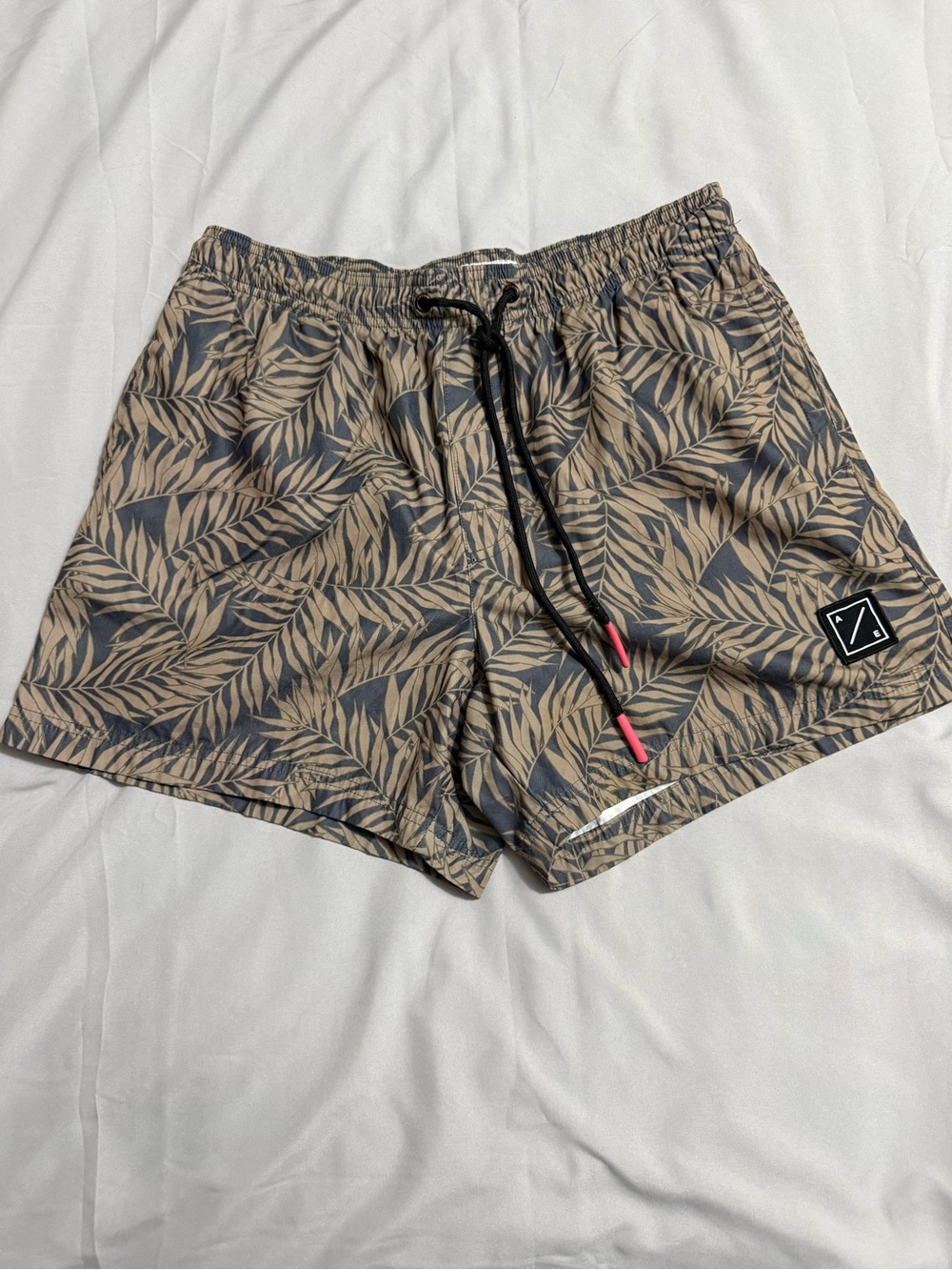 American Eagle Outfitters Tan and Black Palm-Print Swim Shorts